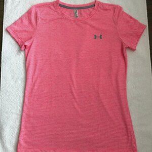 Under Armour Heat Gear Activewear Short Slv Crew Neck Stripe Top Pink Wht Sz XS